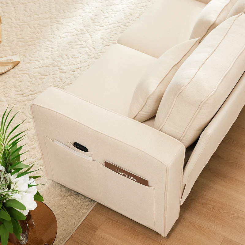 Canapé 4 places avec console et coussins en lin moderne, beige
