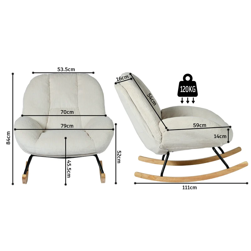 Fauteuil à bascule scandinave en velours côtelé avec accoudoirs pour salon ou chambre à coucher, beige - LITHOPS