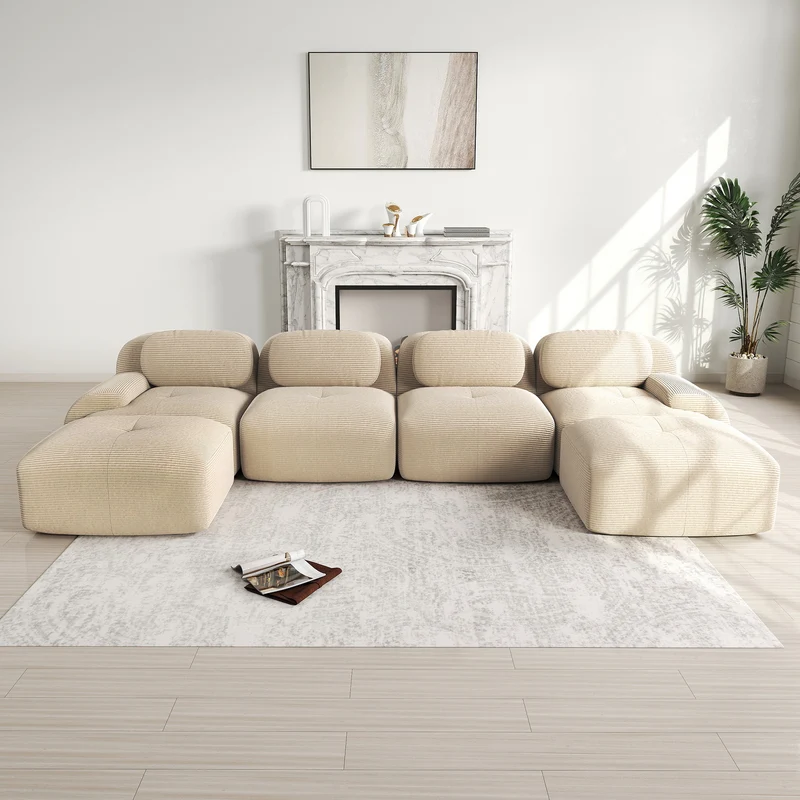 Ensemble de canapés avec accoudoirs incurvés et base antidérapante en tissu velours côtelé doux pour le salon, beige,siège4+tabouret2