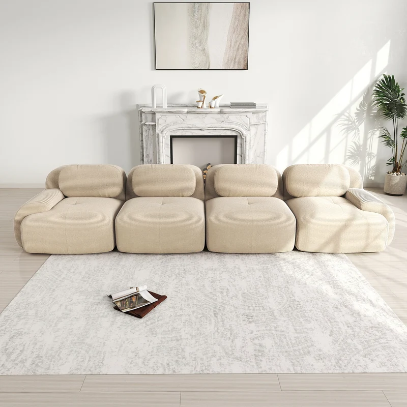 Ensemble de canapés avec accoudoirs incurvés et base antidérapante en tissu velours côtelé doux pour le salon, beige,siège 4