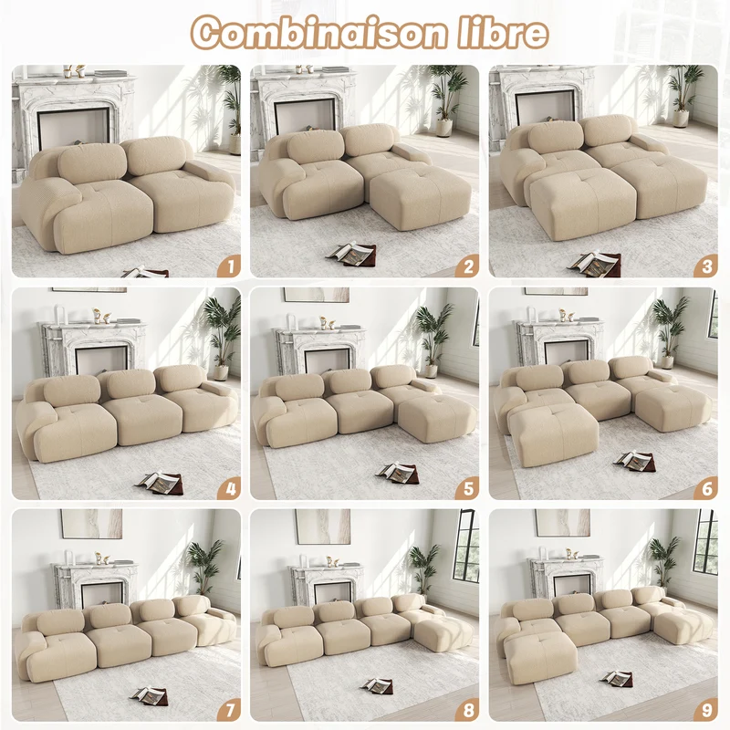 Ensemble de canapés avec accoudoirs incurvés et base antidérapante en tissu velours côtelé doux pour le salon, beige,siège 4