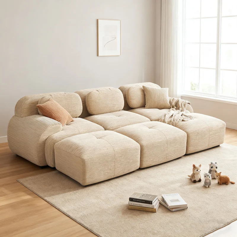 Ensemble de canapés avec accoudoirs incurvés et base antidérapante en tissu velours côtelé doux pour le salon, beige,siège3+tabouret3
