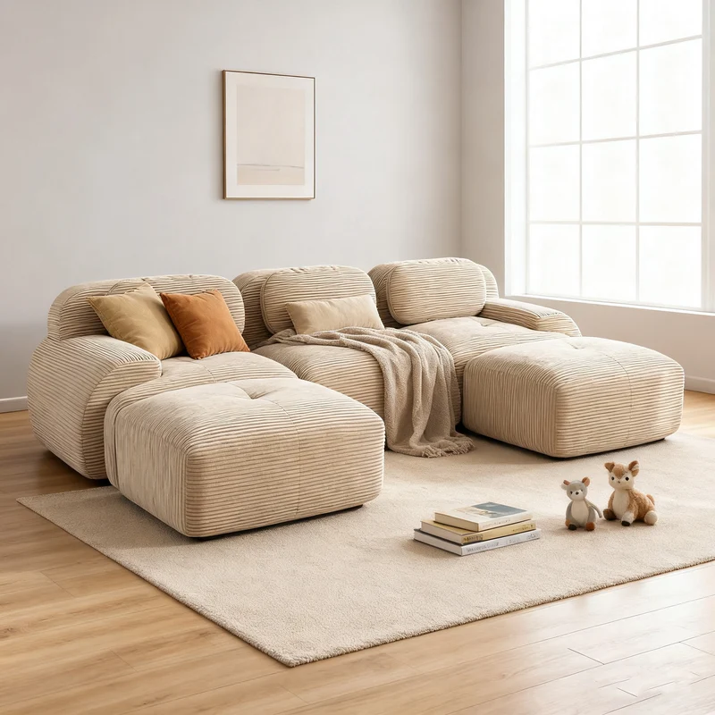 Ensemble de canapés avec accoudoirs incurvés et base antidérapante en tissu velours côtelé doux pour le salon, beige,siège3+tabouret2