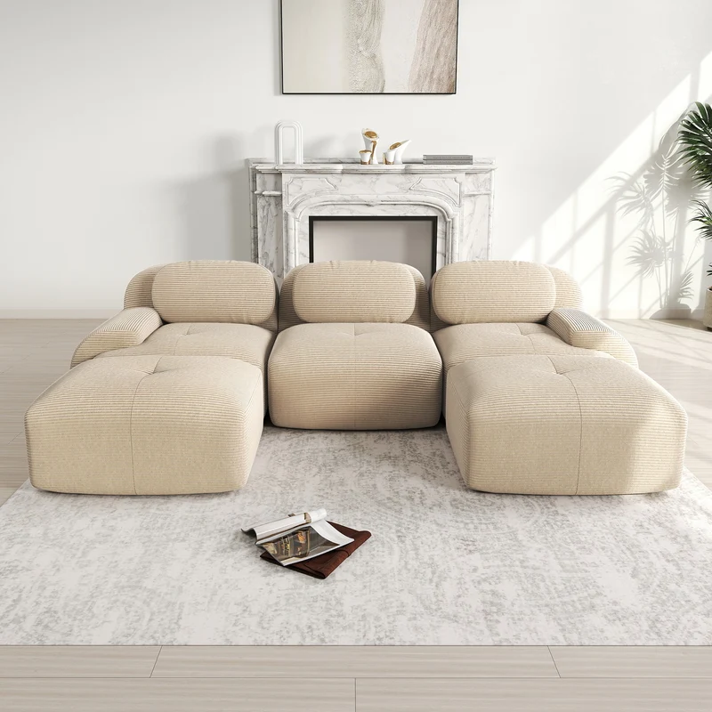 Ensemble de canapés avec accoudoirs incurvés et base antidérapante en tissu velours côtelé doux pour le salon, beige,siège3+tabouret2