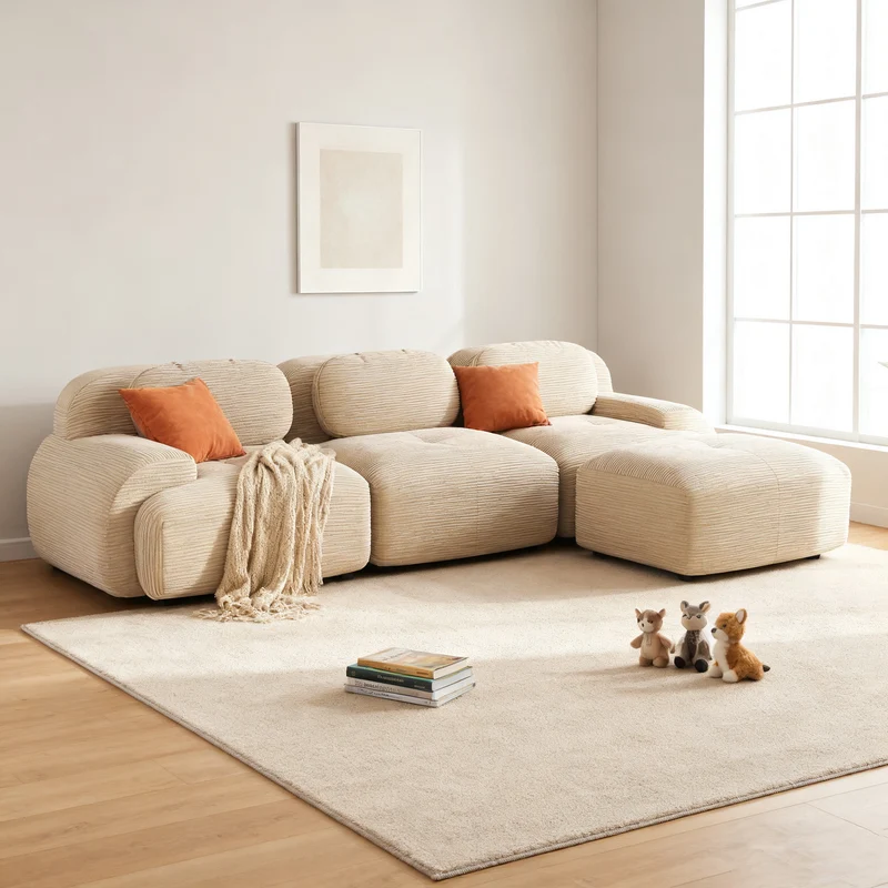Ensemble de canapés avec accoudoirs incurvés et base antidérapante en tissu velours côtelé doux pour le salon, beige,siège3+tabouret1