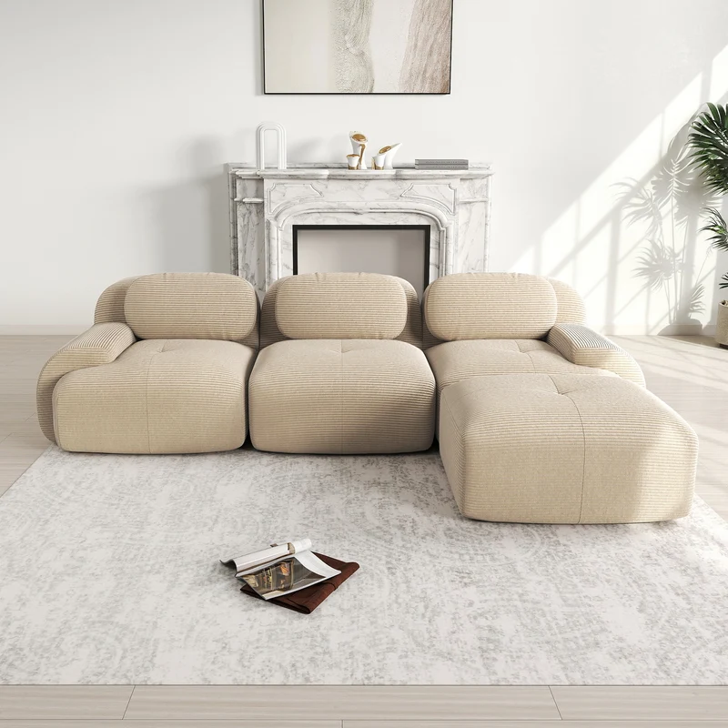 Ensemble de canapés avec accoudoirs incurvés et base antidérapante en tissu velours côtelé doux pour le salon, beige,siège3+tabouret1
