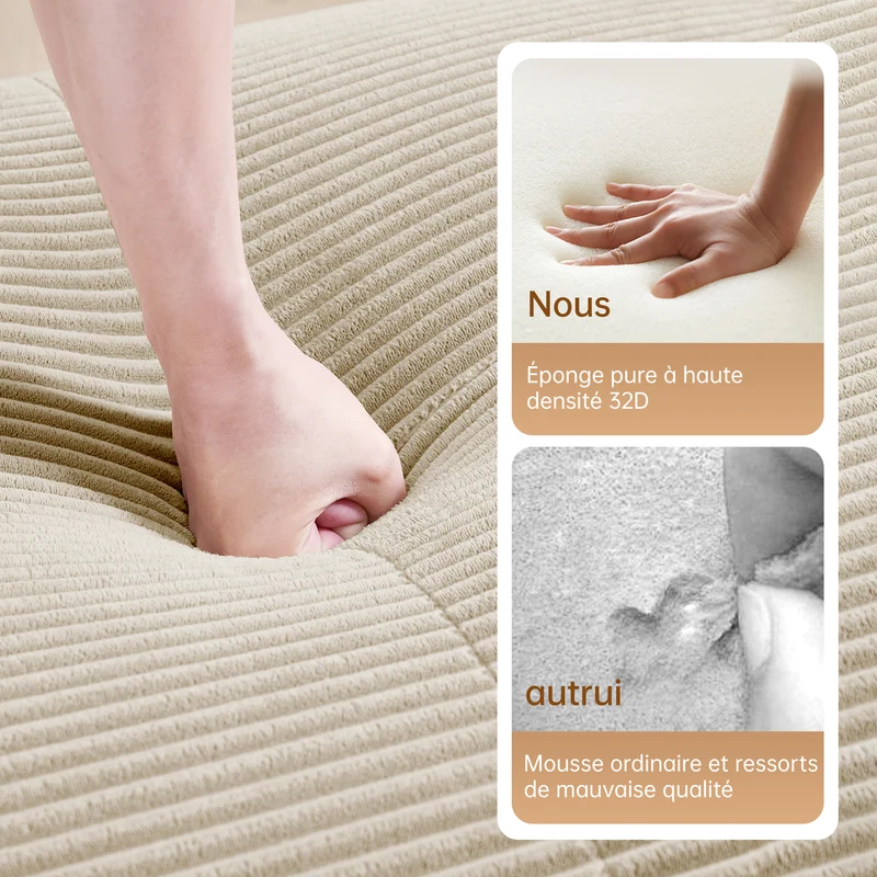 Ensemble de canapés avec accoudoirs incurvés et base antidérapante en tissu velours côtelé doux pour le salon, beige,siège3+tabouret1