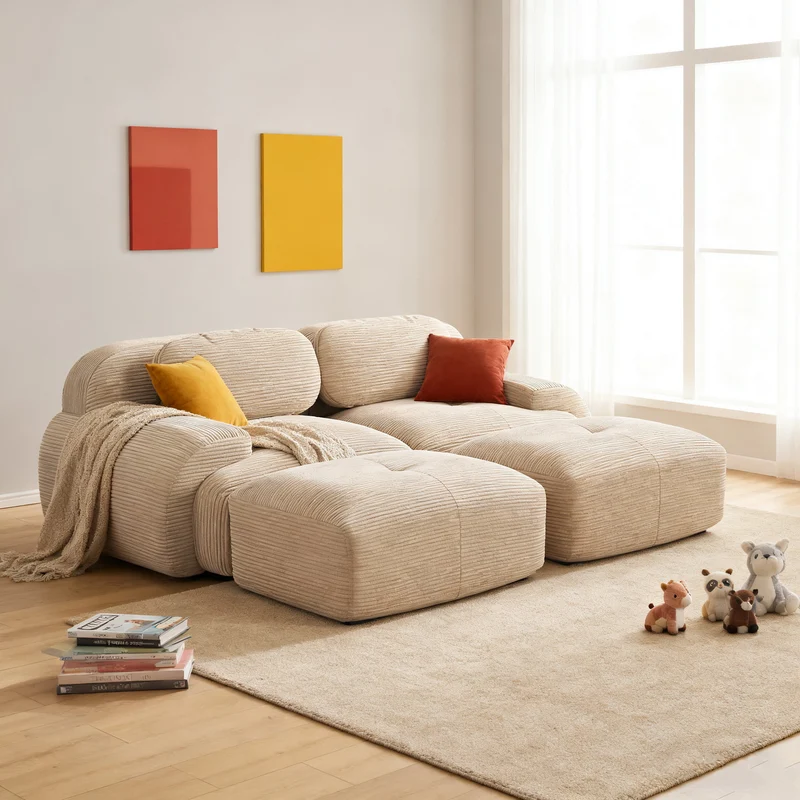 Ensemble de canapés avec accoudoirs incurvés et base antidérapante en tissu velours côtelé doux pour le salon, beige,siège2+tabouret2