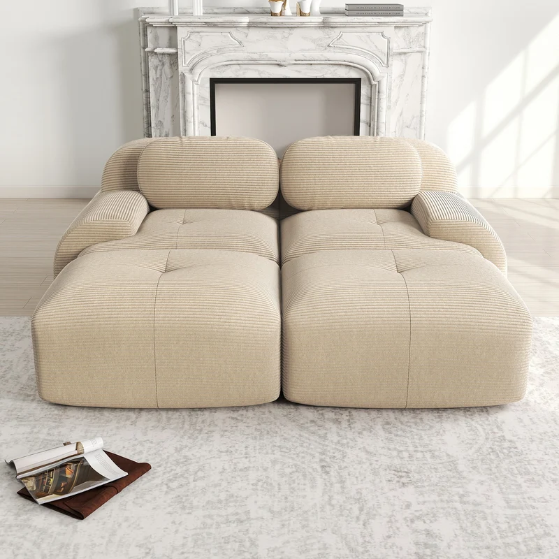Ensemble de canapés avec accoudoirs incurvés et base antidérapante en tissu velours côtelé doux pour le salon, beige,siège2+tabouret2
