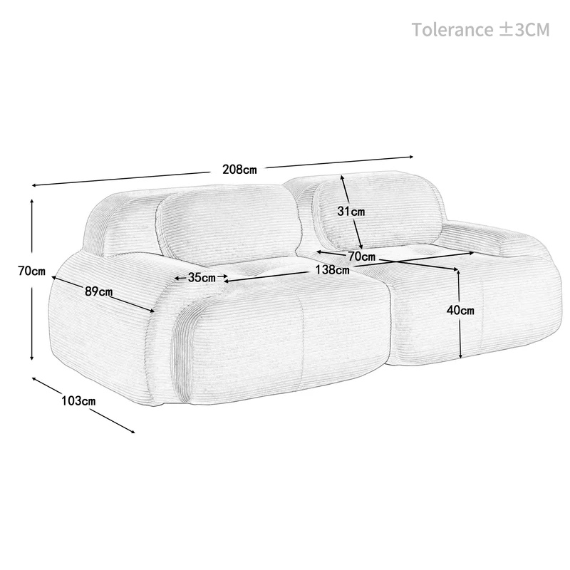 Ensemble de canapés avec accoudoirs incurvés et base antidérapante en tissu velours côtelé doux pour le salon, beige,siège 2