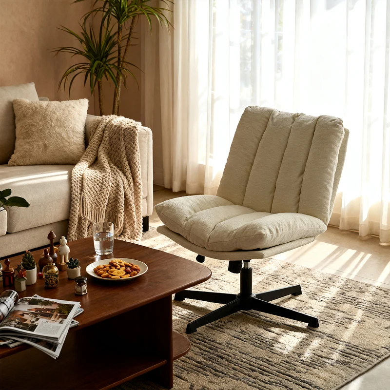 Fauteuil de relaxation réglable et pivotant avec accoudoirs et assise épaisse en chenille beige - CONFOD