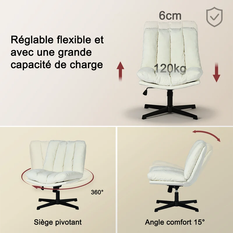 Fauteuil de relaxation réglable et pivotant avec accoudoirs et assise épaisse en chenille beige - CONFOD
