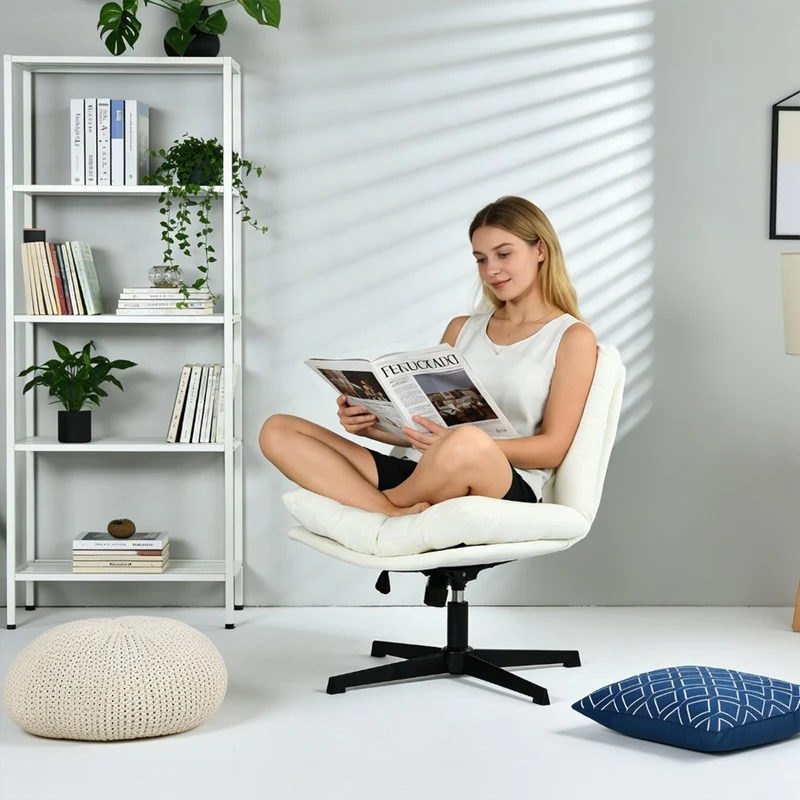 Fauteuil de relaxation réglable et pivotant avec accoudoirs et assise épaisse en chenille beige - CONFOD