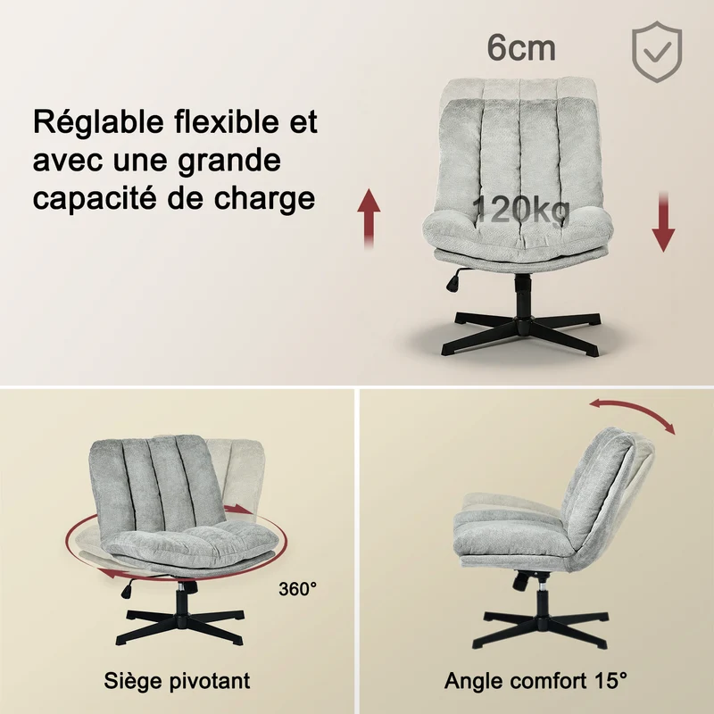 Fauteuil de relaxation réglable et pivotant avec accoudoirs et assise épaisse en chenille gris - CONFOD