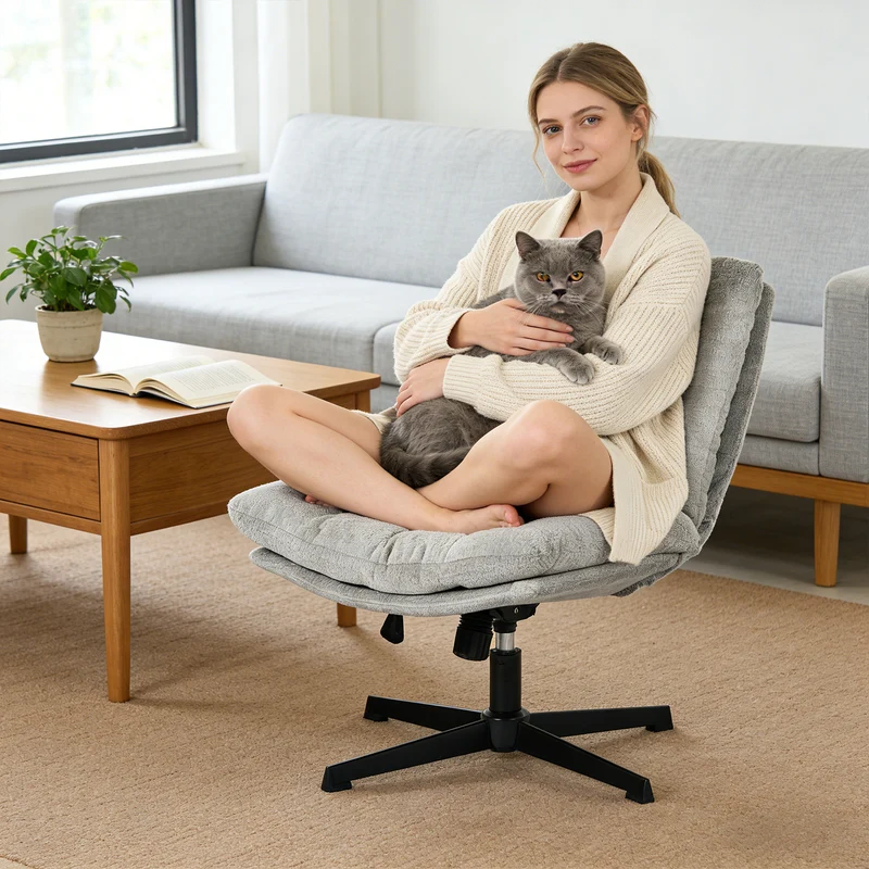 Fauteuil de relaxation réglable et pivotant avec accoudoirs et assise épaisse en chenille gris - CONFOD