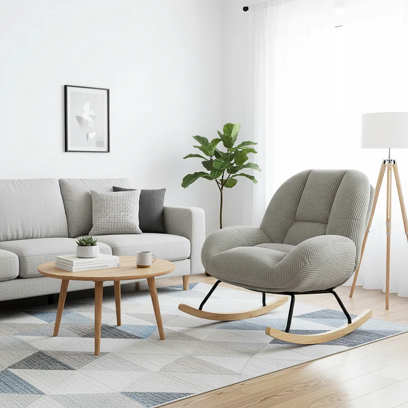 Fauteuil à bascule scandinave en velours côtelé avec accoudoirs pour salon ou chambre à coucher, gris - LITHOPS