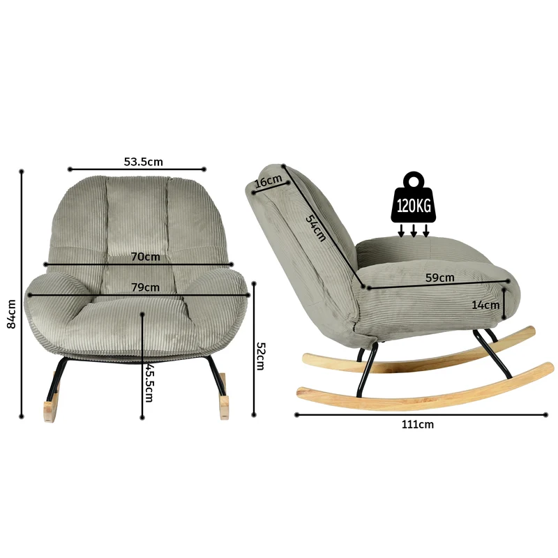 Fauteuil à bascule scandinave en velours côtelé avec accoudoirs pour salon ou chambre à coucher, gris - LITHOPS