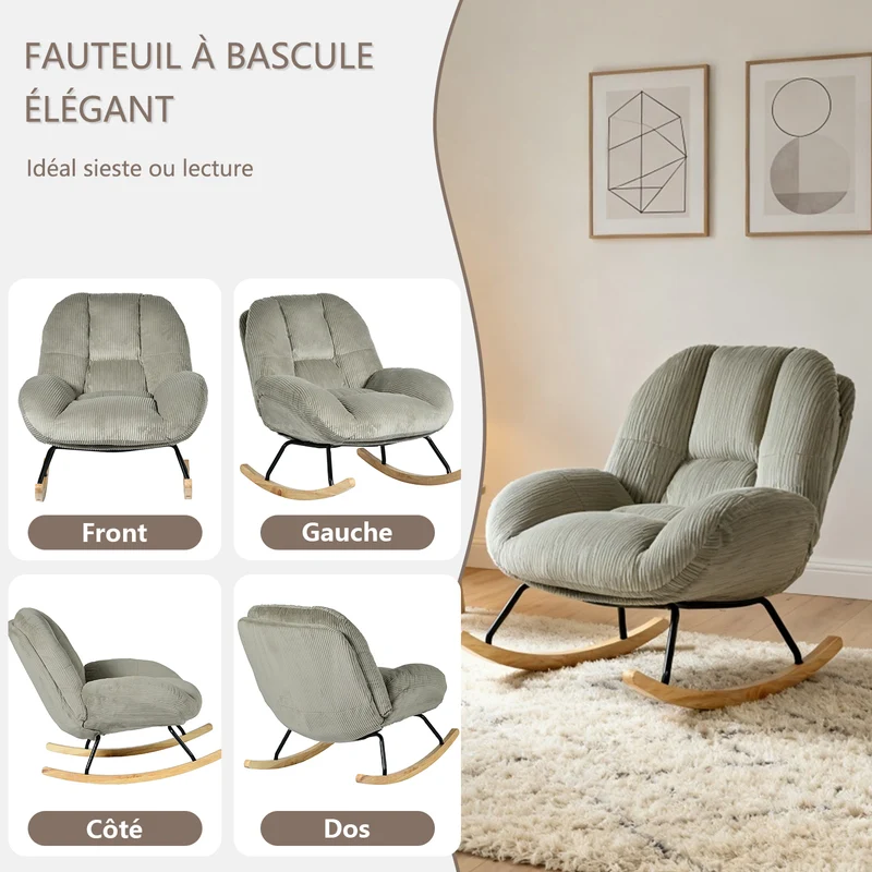 Fauteuil à bascule scandinave en velours côtelé avec accoudoirs pour salon ou chambre à coucher, gris - LITHOPS