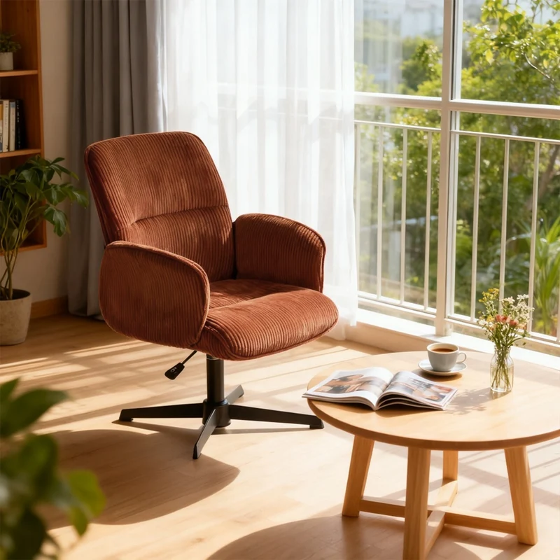 Fauteuil de bureau ergonomique pivotant et réglable avec accoudoirs en velours côtelé rouge - THOMASINA