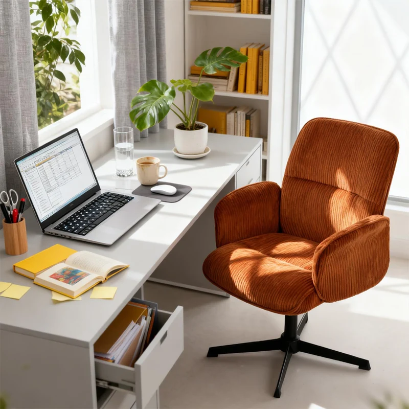 Fauteuil de bureau ergonomique pivotant et réglable avec accoudoirs en velours côtelé rouge - THOMASINA