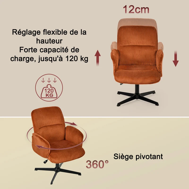 Fauteuil de bureau ergonomique pivotant et réglable avec accoudoirs en velours côtelé rouge - THOMASINA