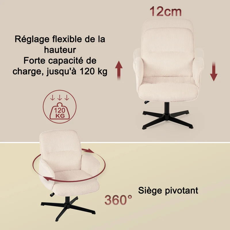 Fauteuil de bureau ergonomique pivotant et réglable avec accoudoirs en velours côtelé beige - THOMASINA