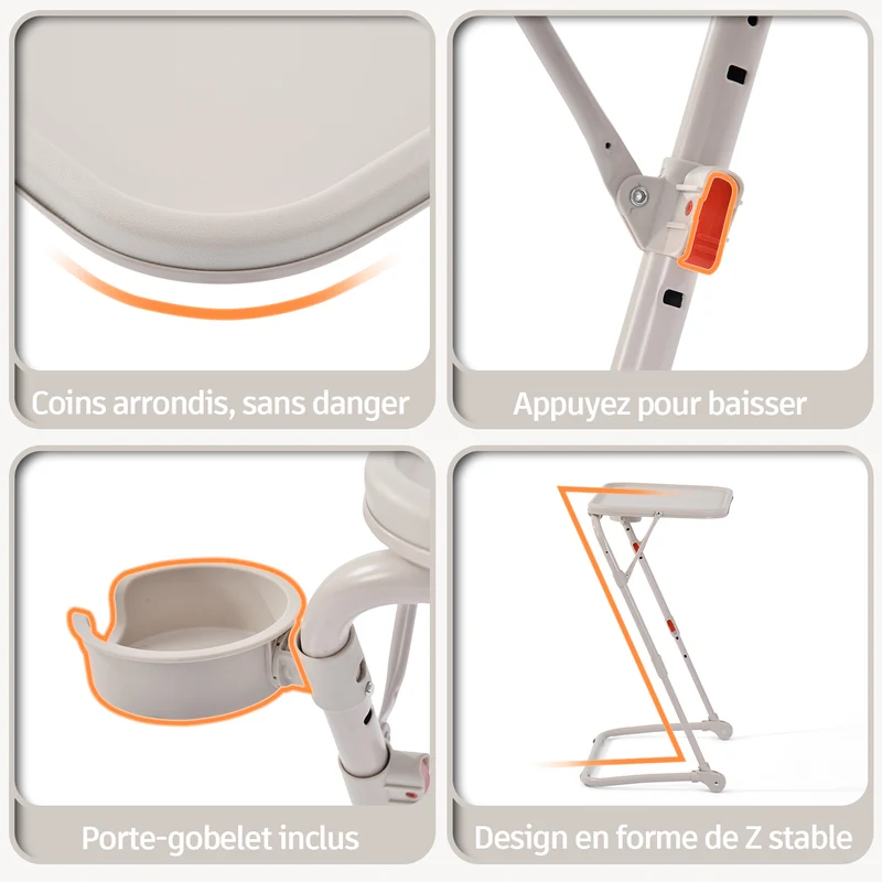 Table d’appoint pliable pour ordinateur portable, bout de canapé réglable en hauteur avec plateau inclinable et porte-gobelet beige- BASELINE