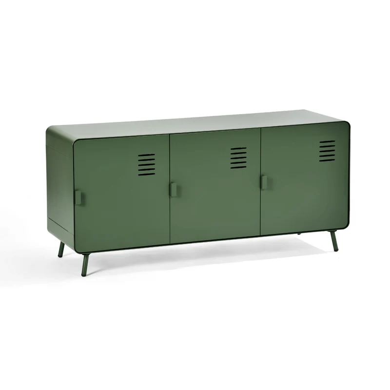 Meuble TV ou buffet de salon en métal vert, avec 3 portes et des étagères - WALNUT