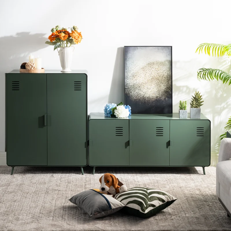 Meuble TV ou buffet de salon en métal vert, avec 3 portes et des étagères - WALNUT