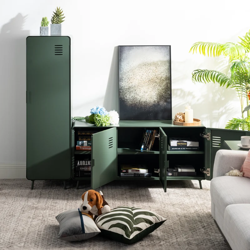 Meuble TV ou buffet de salon en métal vert, avec 3 portes et des étagères - WALNUT