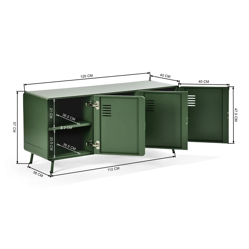 Meuble TV ou buffet de salon en métal vert, avec 3 portes et des étagères - WALNUT