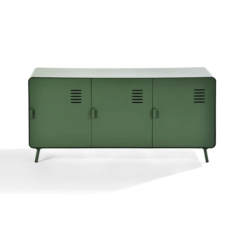 Meuble TV ou buffet de salon en métal vert, avec 3 portes et des étagères - WALNUT