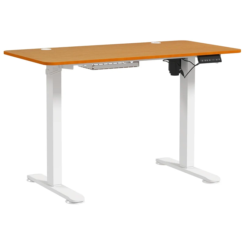 Table de bureau électrique réglable en hauteur 120x60x72-116 cm Stehtisch avec anti-collision, boîte à câbles et crochets, finition bois naturel