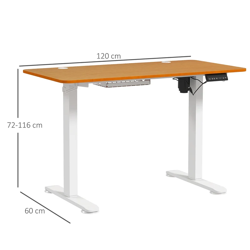 Table de bureau électrique réglable en hauteur 120x60x72-116 cm Stehtisch avec anti-collision, boîte à câbles et crochets, finition bois naturel