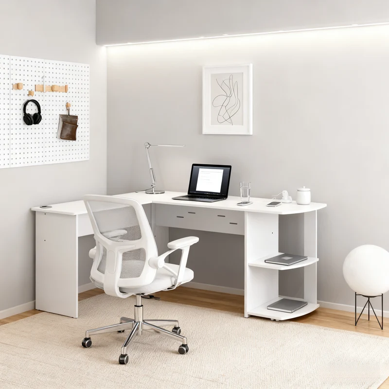 Eckschreibtisch L-forme 140x140x75 cm Computertisch avec 2 étagères, tabletop en contreplaqué blanc pour bureau à domicile