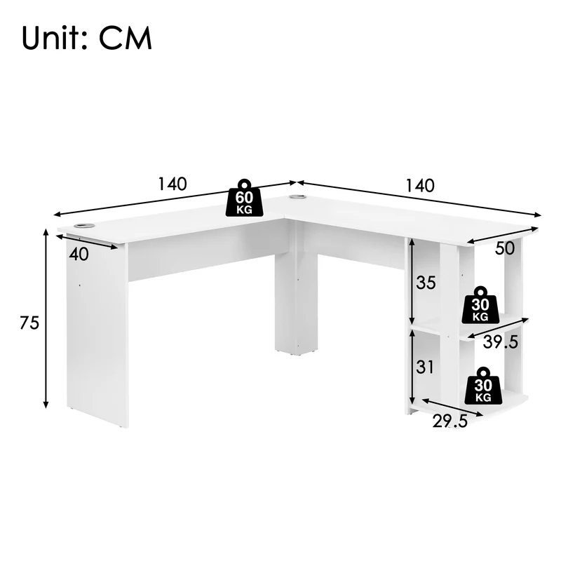 Eckschreibtisch L-forme 140x140x75 cm Computertisch avec 2 étagères, tabletop en contreplaqué blanc pour bureau à domicile
