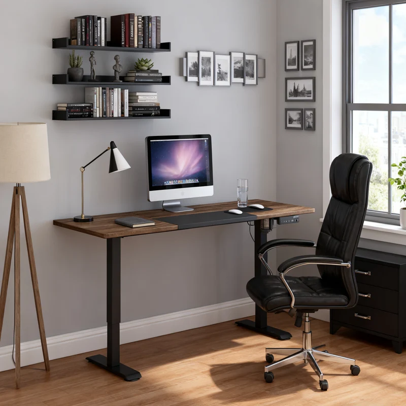 Table de bureau électrique réglable en hauteur 140x70 cm Stehschreibtisch avec moteur, cadre en métal, design nature+noir pour bureau et espace de travail