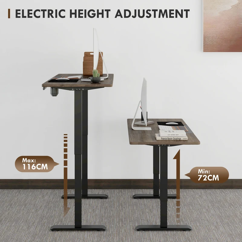 Table de bureau électrique réglable en hauteur 140x70 cm Stehschreibtisch avec moteur, cadre en métal, design nature+noir pour bureau et espace de travail