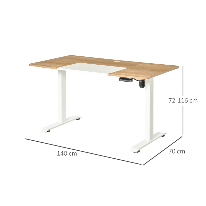 Table de bureau électrique réglable en hauteur 140x70 cm Stehschreibtisch avec moteur, cadre en métal, design nature+blanc pour bureau et espace de travail