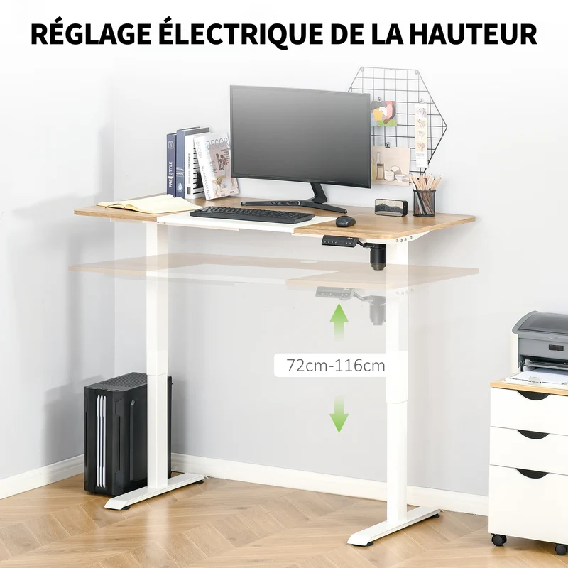 Table de bureau électrique réglable en hauteur 140x70 cm Stehschreibtisch avec moteur, cadre en métal, design nature+blanc pour bureau et espace de travail