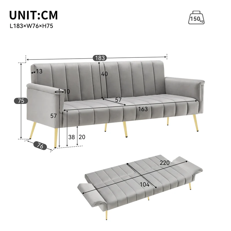 Sofa-lit pliant moderne en velours 183x76x75 cm â€?Réglable en 5 angles, pieds métalliques, idéal pour salon et chambre d’invités