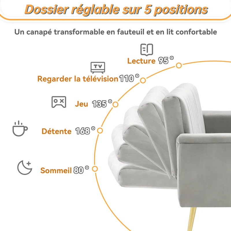 Sofa-lit pliant moderne en velours 183x76x75 cm â€?Réglable en 5 angles, pieds métalliques, idéal pour salon et chambre d’invités