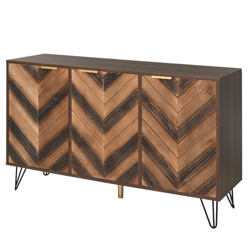 Sideboard exclusif 120x38x76,5 cm à 3 portes en placage de bois massif, griffes dorées et pieds en fer, idéal pour salon et salle à manger