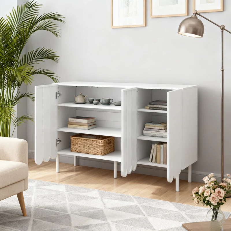 Sideboard moderne blanc 120x35x80 cm avec portes ondulées, grifflos et rayons réglables, idéal pour salon flur et salle à manger