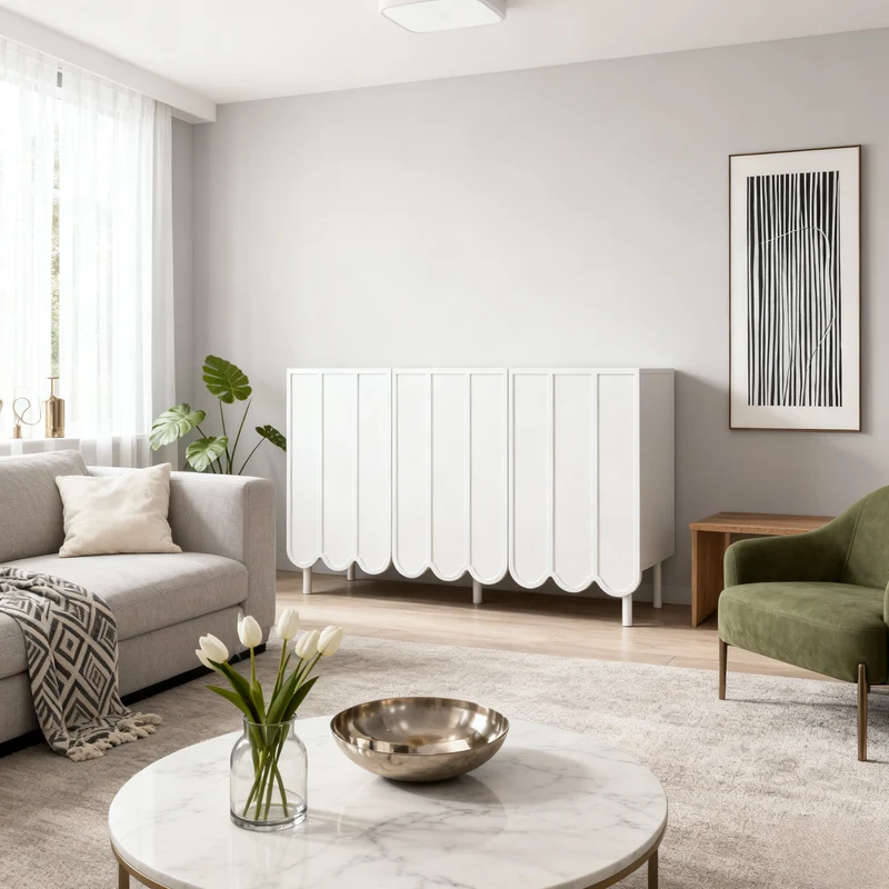 Sideboard moderne blanc 120x35x80 cm avec portes ondulées, grifflos et rayons réglables, idéal pour salon flur et salle à manger
