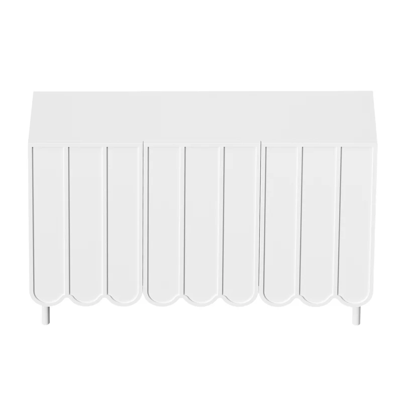 Sideboard moderne blanc 120x35x80 cm avec portes ondulées, grifflos et rayons réglables, idéal pour salon flur et salle à manger
