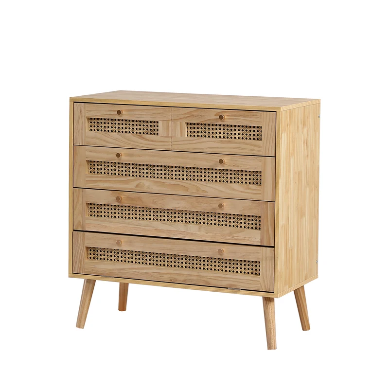 Commode classique à 3 tiroirs, avec dessus de tiroir en rotin, couvercle inférieur rabattable, poignée en métal doré et pieds en bois, offrant un espace de rangement pour le salon et la chambre