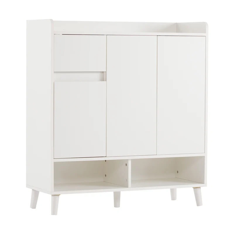Meuble à chaussures blanc avec étagères réglables, commode minimaliste pour l'entrée, avec pieds en bois massif