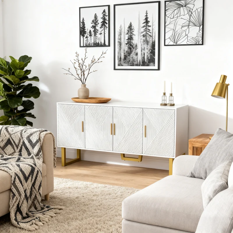 Sideboard Blanc Moderne Luxueux 150cm Meuble à 4 Portes Structurées Hautes Lumières avec Griffes et Pieds Dorés