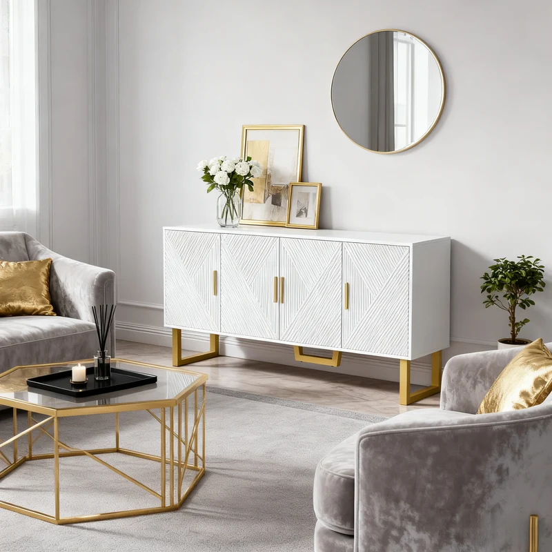 Sideboard Blanc Moderne Luxueux 150cm Meuble à 4 Portes Structurées Hautes Lumières avec Griffes et Pieds Dorés